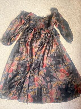 Promesa Black Floral Smocked Waist Long Sleeve Jumpsuit